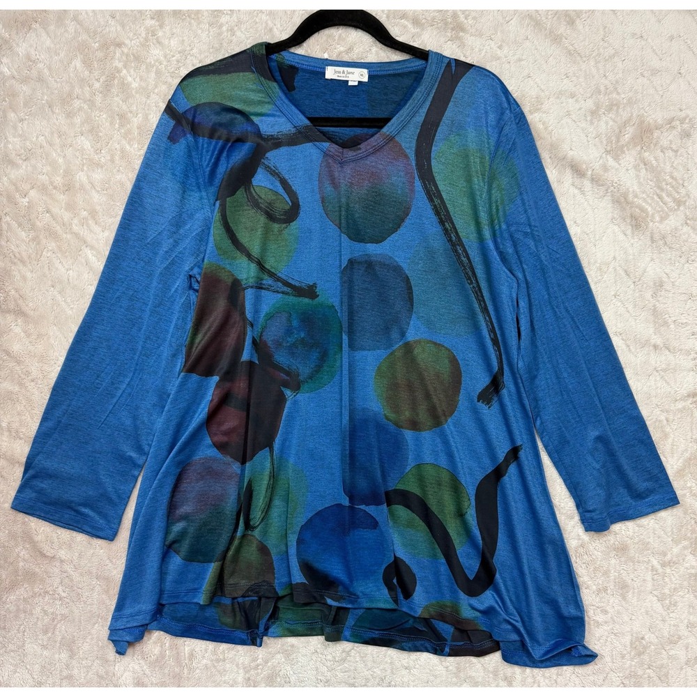 Jess & Jane Womens XL Blue Abstract Circle Print V-Neck Long Sleeve Tunic Top